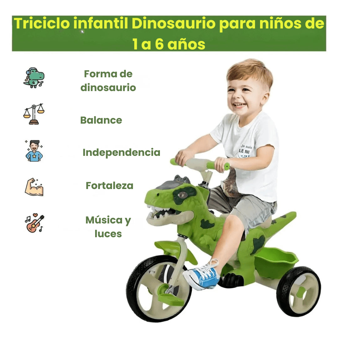 Triciclo Infantil Dinosaurio🦖 Musical con Luces🤩3 en 1 Triciclo-Equilibrio-Empuje